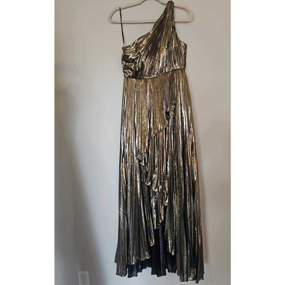 Gold Pleated Metallic One-Shoulder High-Low Gown – IEENA for Mac Duggal | Size 2 - Picture 2 of 10